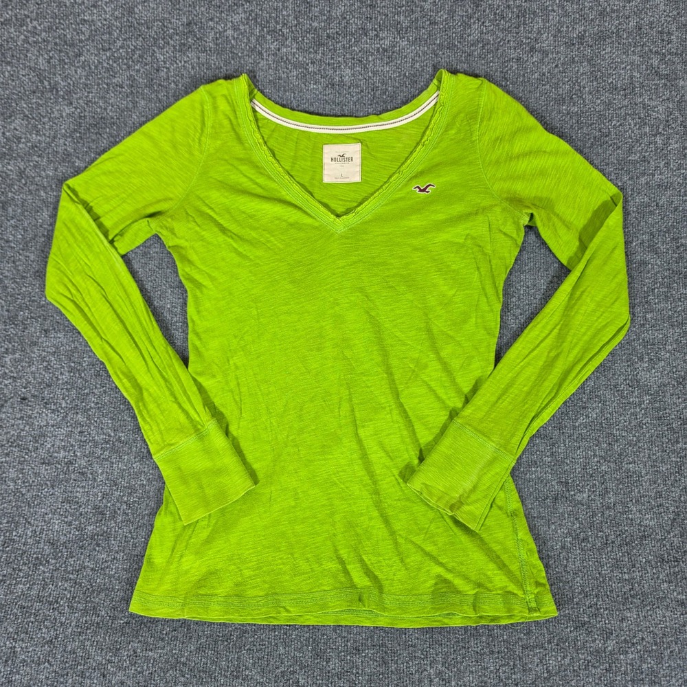 Y2K 2000s Hollister Womens Lime Green V-Neck Long Sleeve Slub Knit Shirt Size L